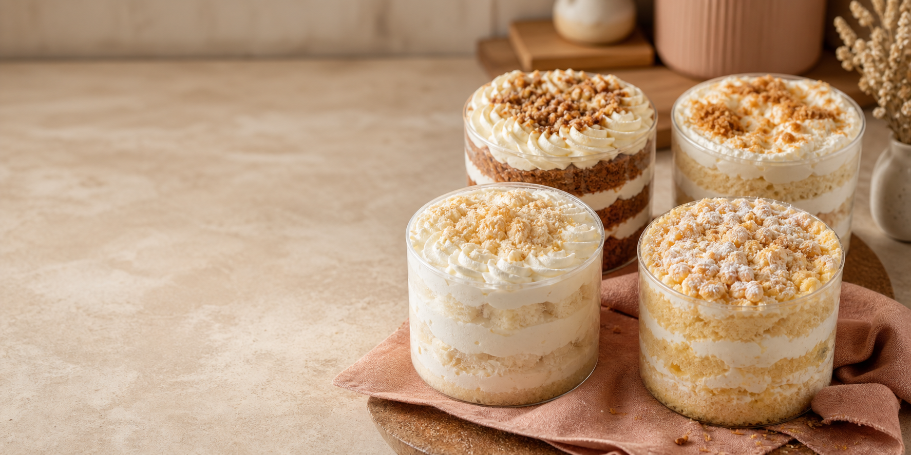 Four layered bucket cakes on a warm bakery table